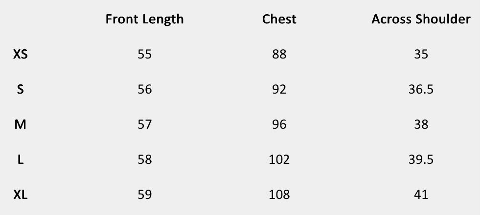 Size chart (centimeters) for Daisy Lace Inset Shirt