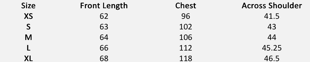 Size chart (centimeters) for Cloud Pintuck Shell