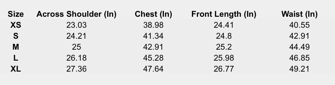 Size chart (inches) for Artisan Grid Tunic