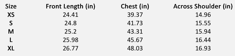 Size chart (inches) for Artisan Tunic
