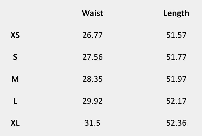 Size chart (inches) for Noir Studded Tiered Skirt