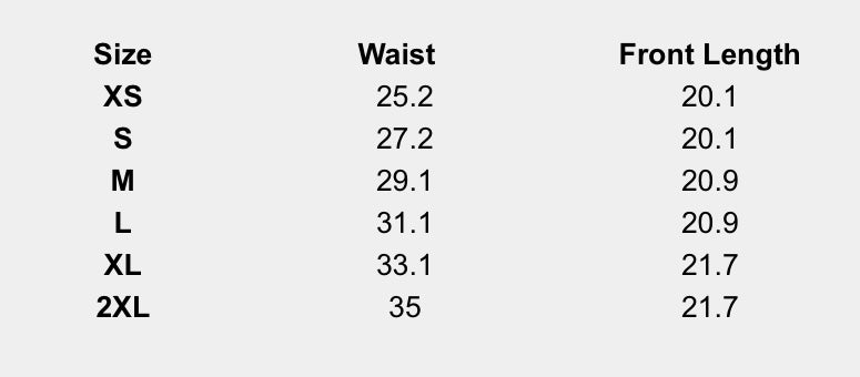 Size chart (inches) for Earthy Abstract Skirt