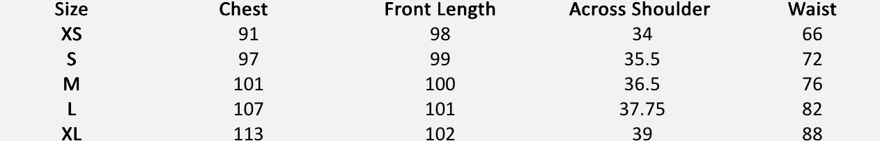Size chart (centimeters) for Midnight Grid Tiered Mini