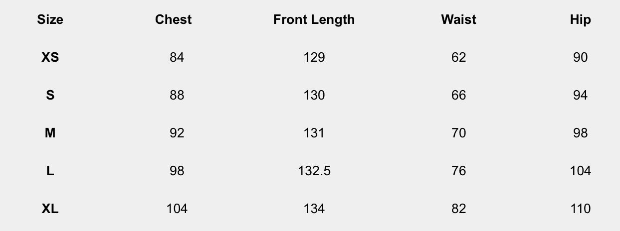 Size chart (centimeters) for Peony Slip Maxi