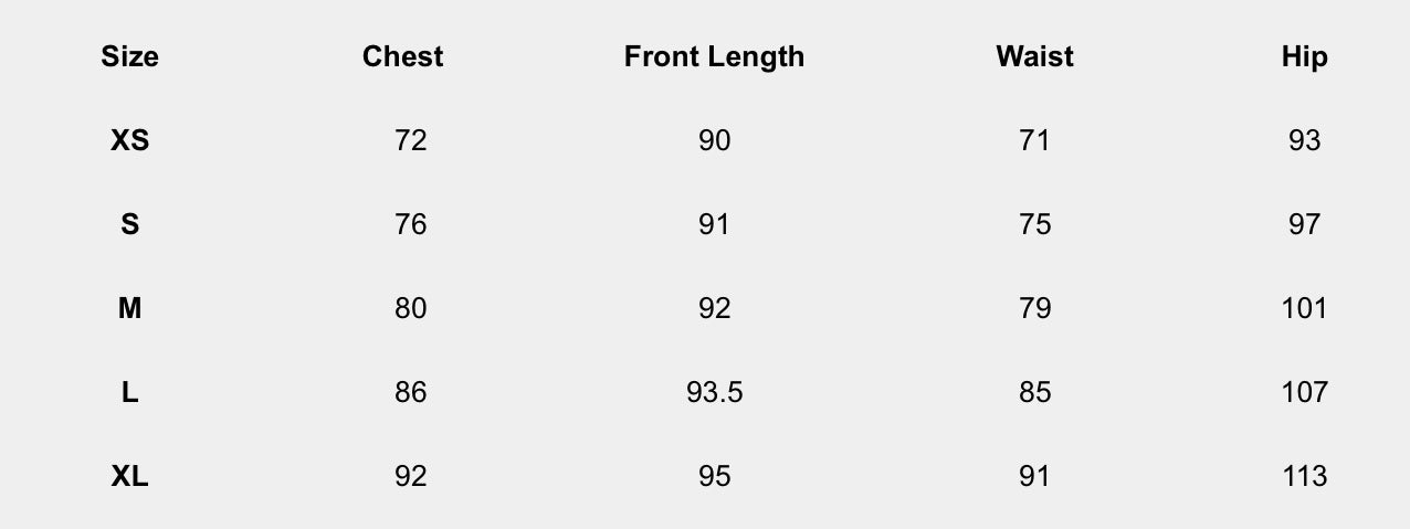 Size chart (centimeters) for Isabella Rose Chemise
