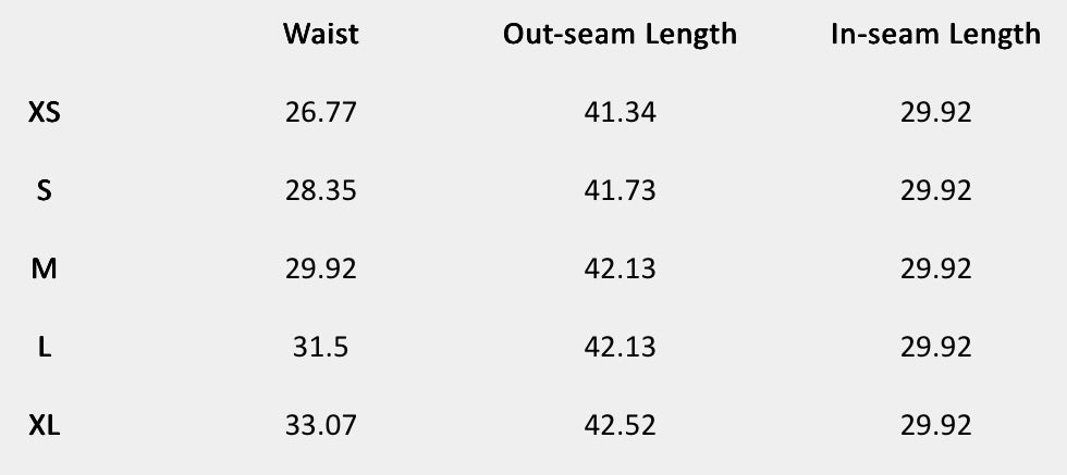 Size chart (inches) for Buttercream Textured Lounge Pants