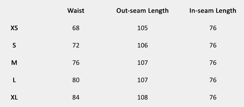 Size chart (centimeters) for Buttercream Textured Lounge Pants