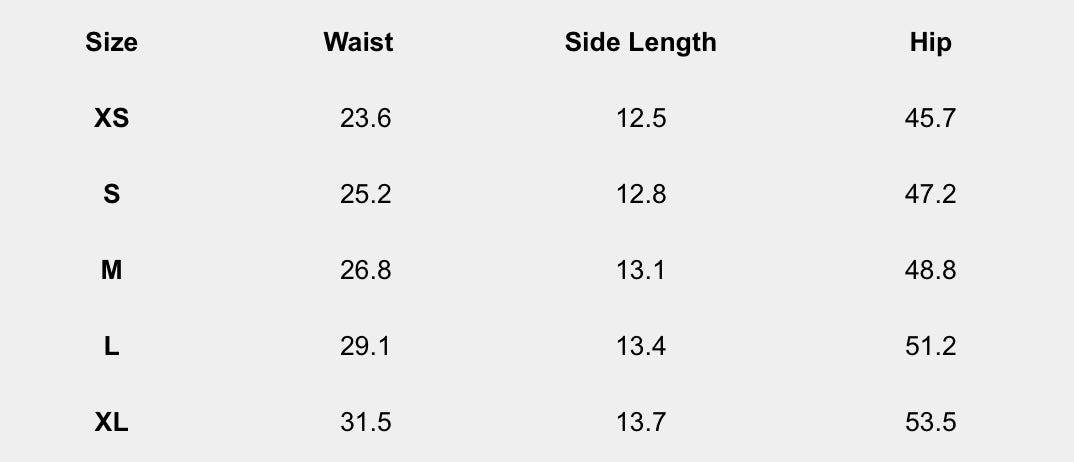 Size chart (inches) for Lace-Inlay Tap Shorts