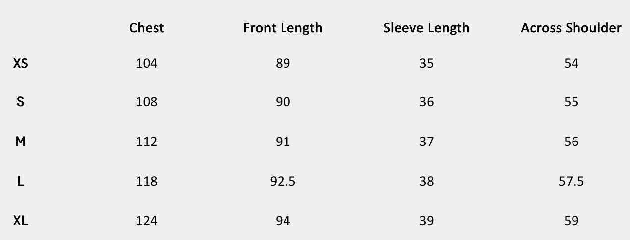 Size chart (centimeters) for Indigo Ember Gathered Dress