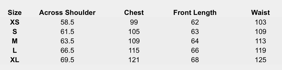 Size chart (centimeters) for Artisan Grid Tunic