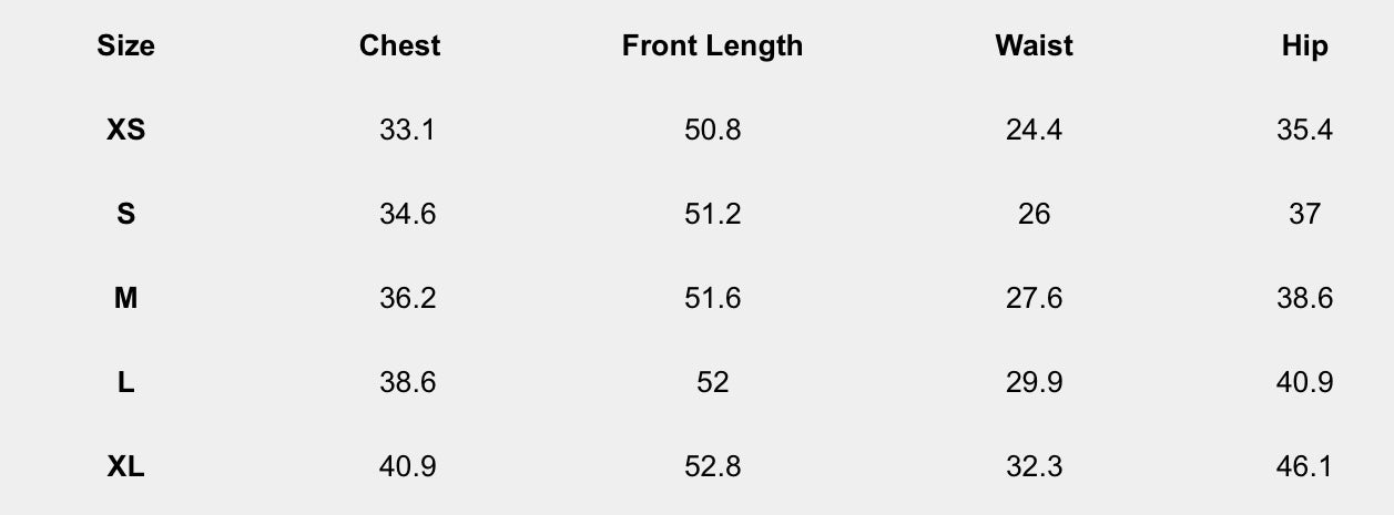 Size chart (inches) for Peony Slip Maxi