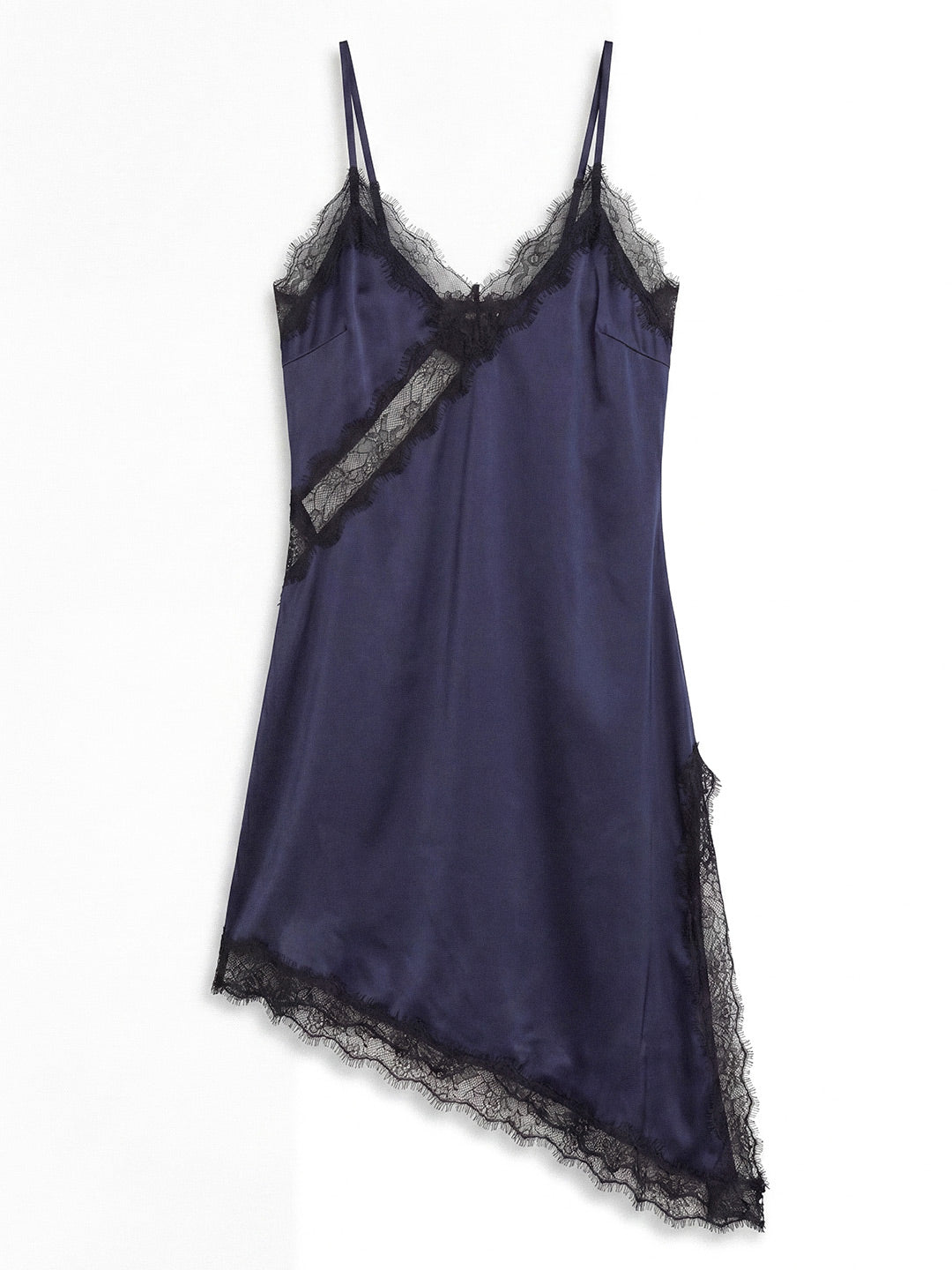 Asymmetric Lace-Trim Satin Slip Dress (Dark Navy)