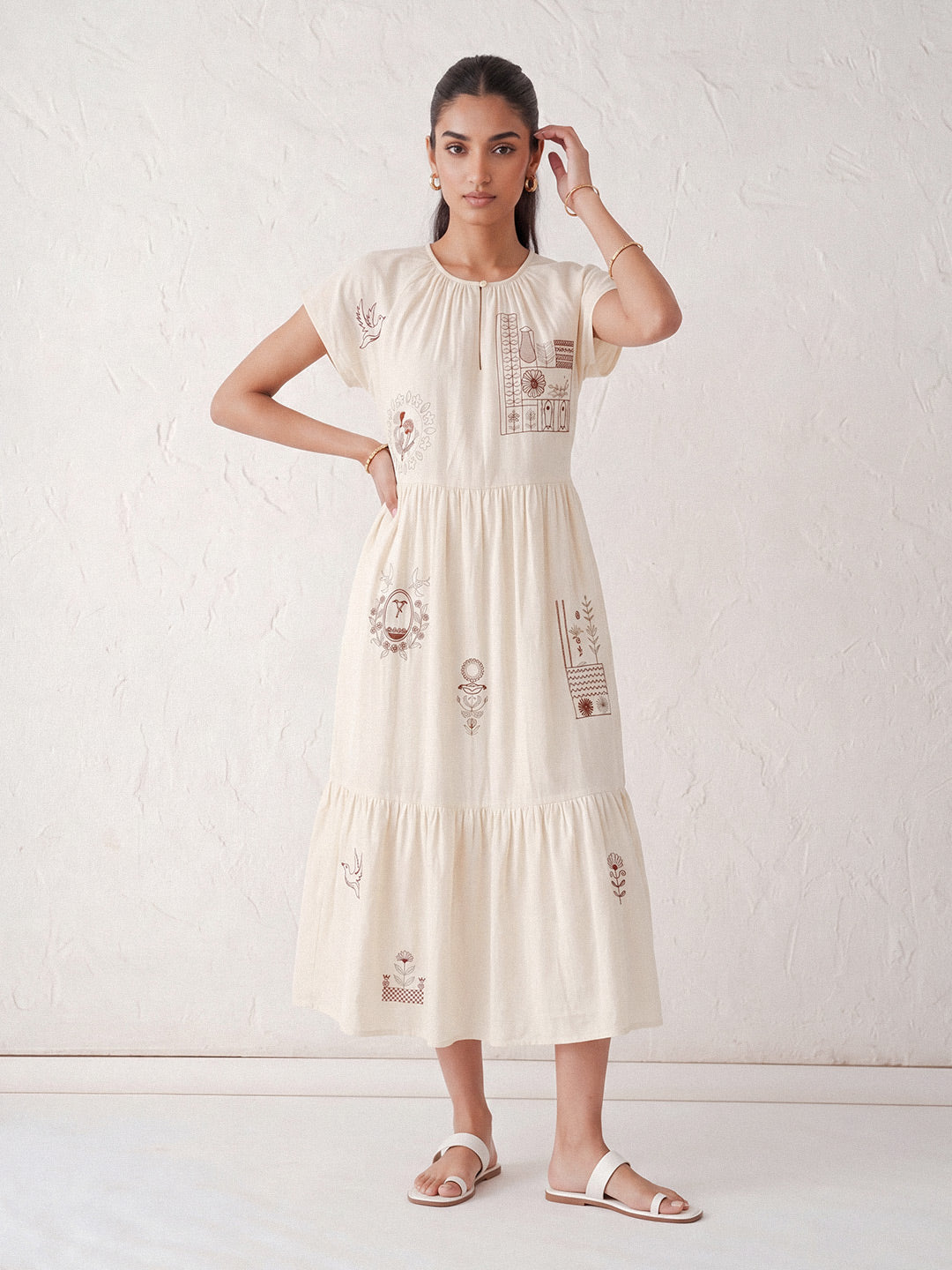 Ivory Folk Midi Dress