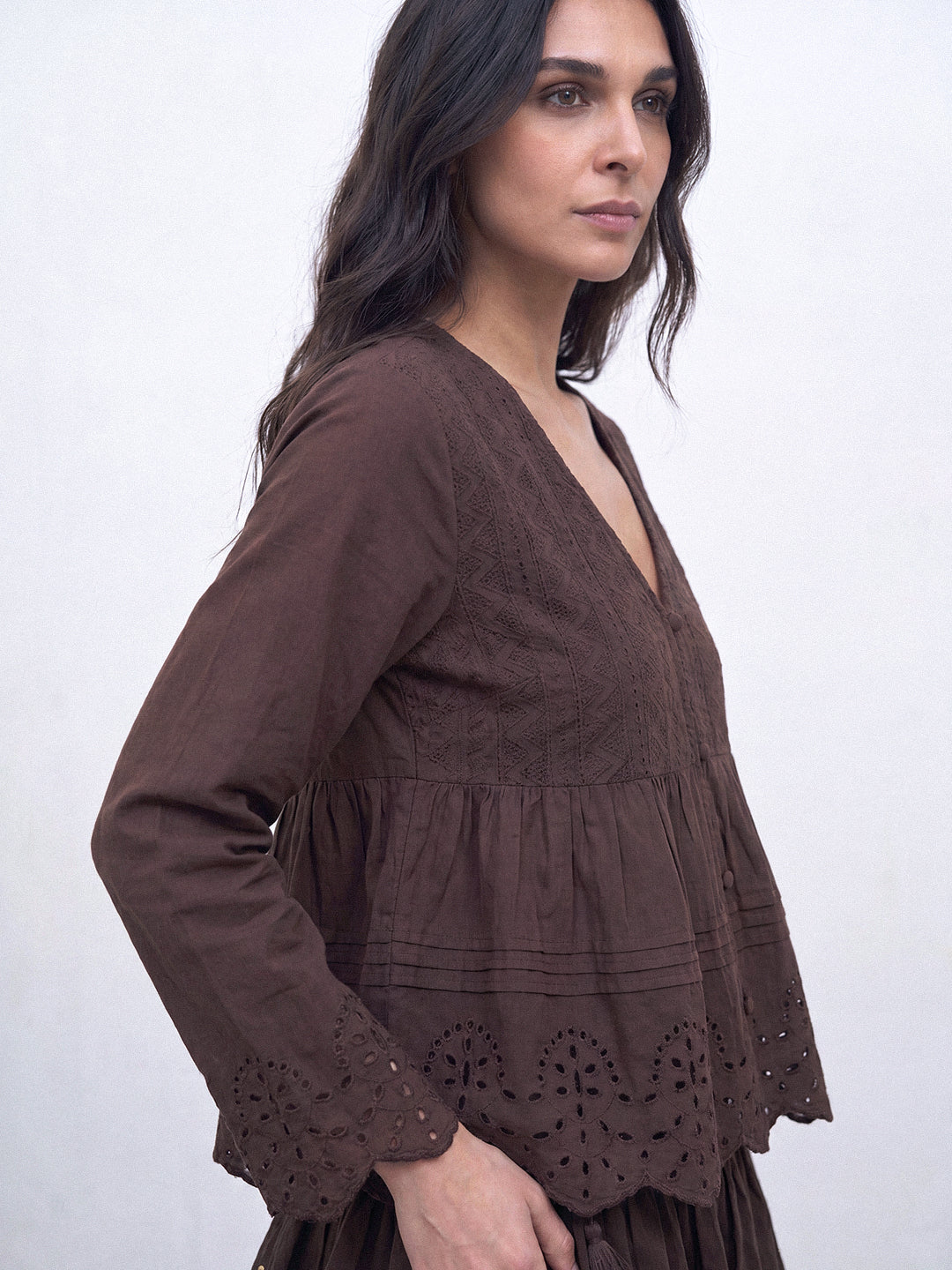 Mocha Broderie Peplum Top