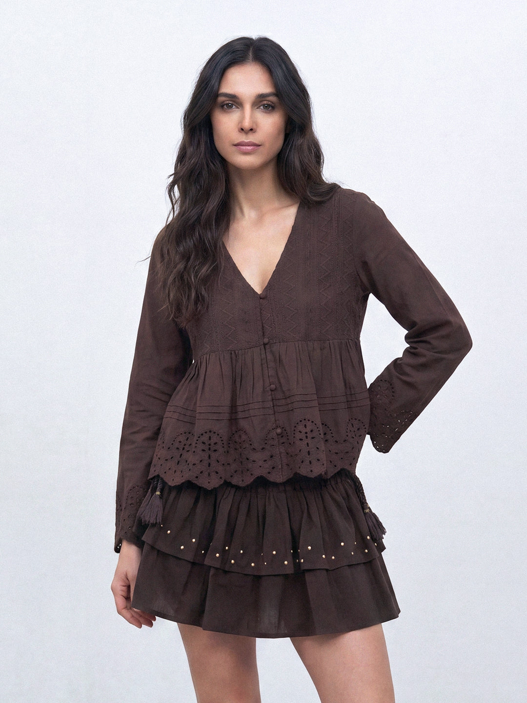 Mocha Broderie Peplum Top