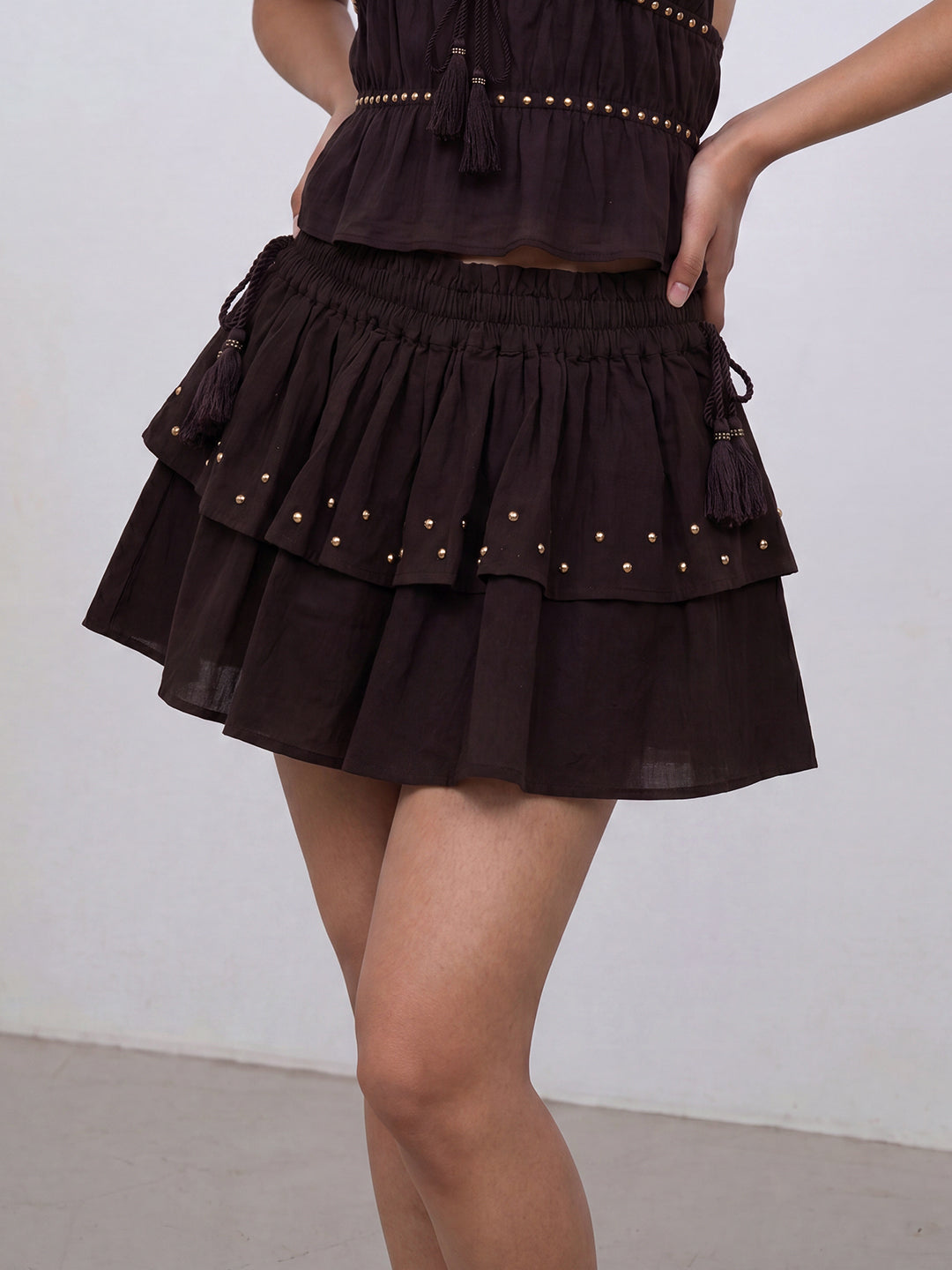 Noir Studded Tiered Skirt (Brown)