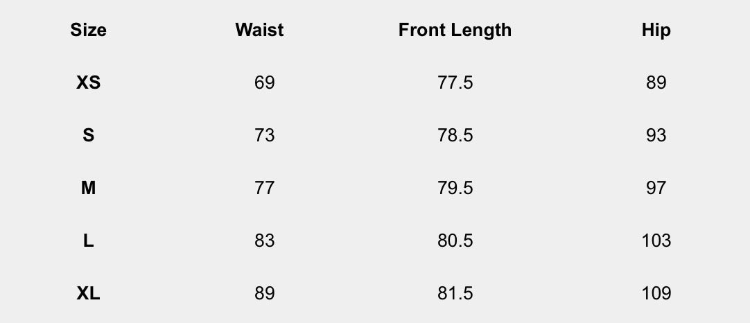 Size chart (centimeters) for Duchess Handkerchief Skirt