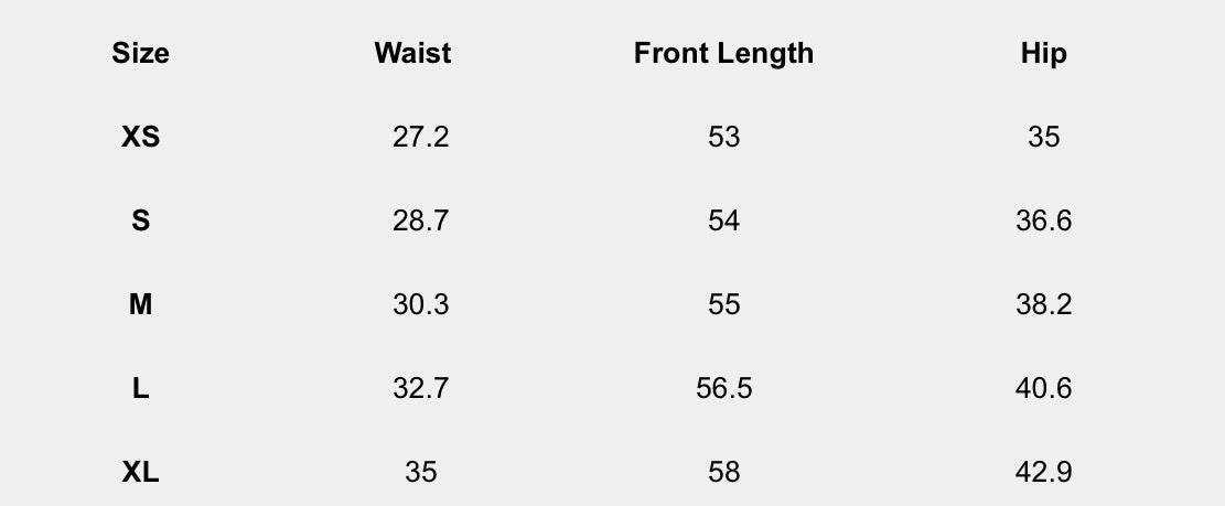 Size chart (inches) for Duchess Handkerchief Skirt