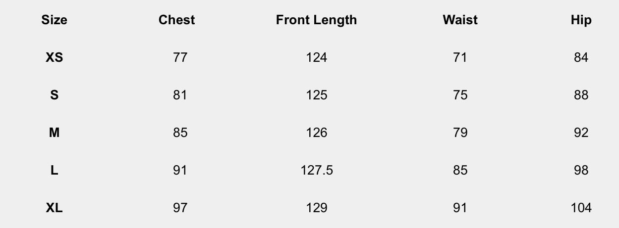 Size chart (centimeters) for Kensington Slip