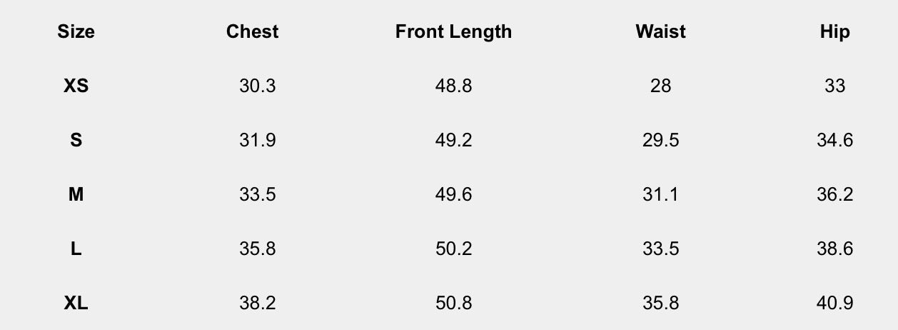 Size chart (inches) for Kensington Slip