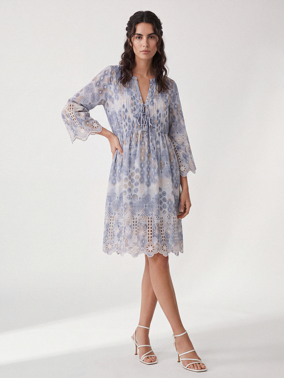 Printed Front-Tie Dress (Blue)