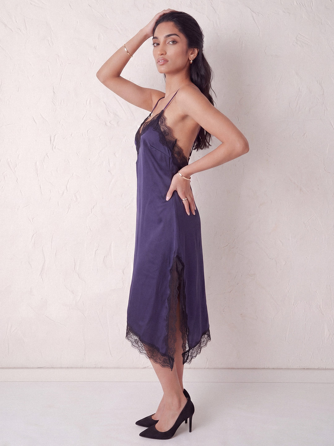 Asymmetric Lace-Trim Satin Slip Dress (Dark Navy)
