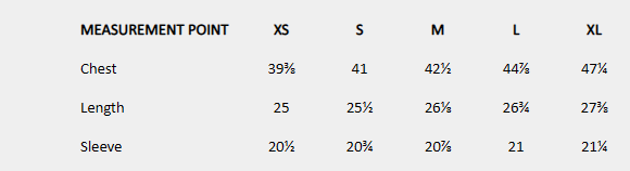 Size chart (inches) for Structured Wrap Shirt