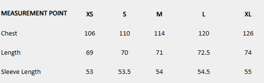 Size chart (centimeters) for White Bloom Shirt