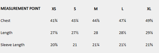 Size chart (inches) for White Bloom Shirt