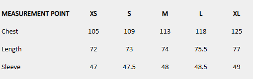 Size chart (centimeters) for Wrap Collar Shirt