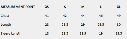 Size chart (inches) for Wrap Collar Shirt