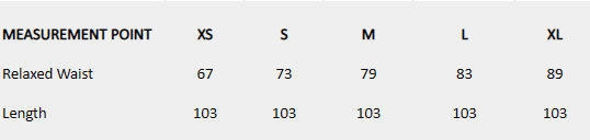 Size chart (centimeters) for Pull-On Trousers