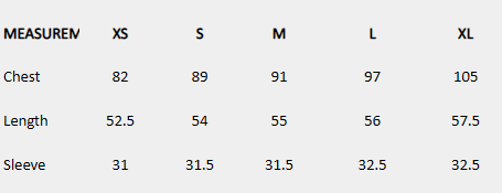 Size chart (centimeters) for Denim Peplum Blouse
