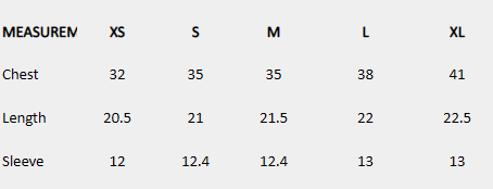 Size chart (inches) for Denim Peplum Blouse