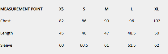 Size chart (centimeters) for Bela Romantic Shirt