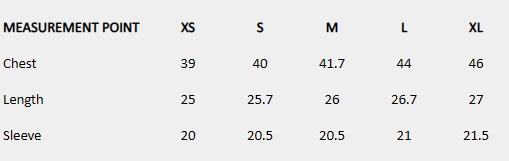Size chart (inches) for Embroidered Hem Top