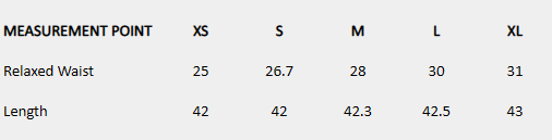 Size chart (inches) for Black Line Pants