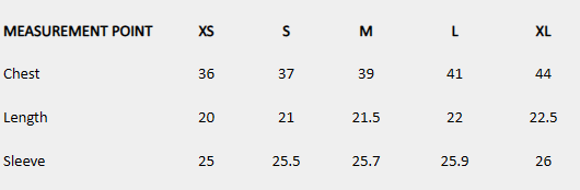 Size chart (inches) for Pleated Lace Blouse