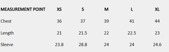 Size chart (inches) for White Embroidered Shirt