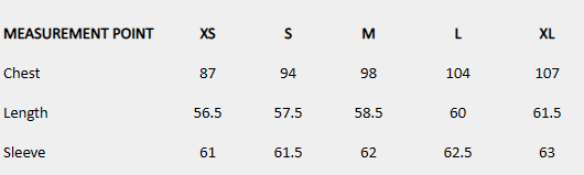 Size chart (centimeters) for Split High Blouse