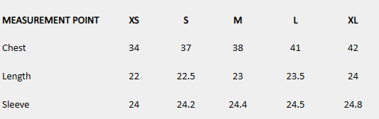 Size chart (inches) for Split High Blouse