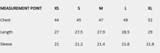 Size chart (inches) for Sheer Lace Panel Shirt