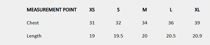 Size chart (inches) for Beaded Mesh Top