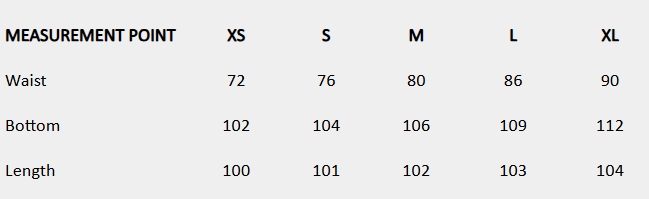 Size chart (centimeters) for Drift Pleated Skirt