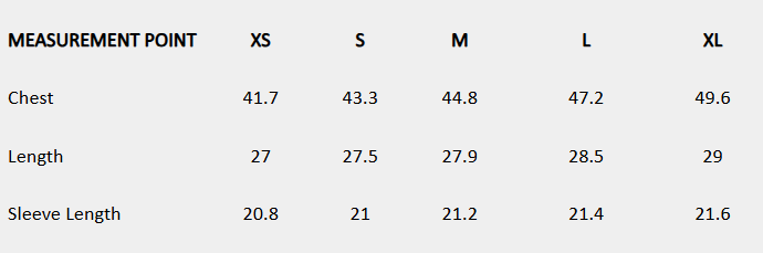 Size chart (inches) for White Bloom Shirt