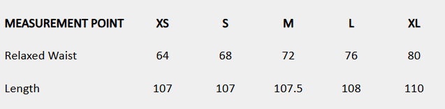 Size chart (centimeters) for Black Line Pants