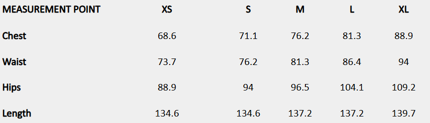 Size chart (centimeters) for Tie and Dye Sheath Maxi Dress