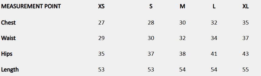 Size chart (inches) for Tie and Dye Sheath Maxi Dress