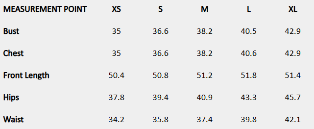 Size chart (inches) for Lurex coated dress