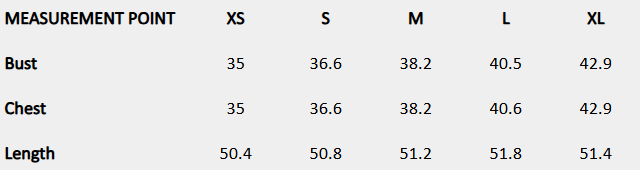 Size chart (inches) for Shibori-style top